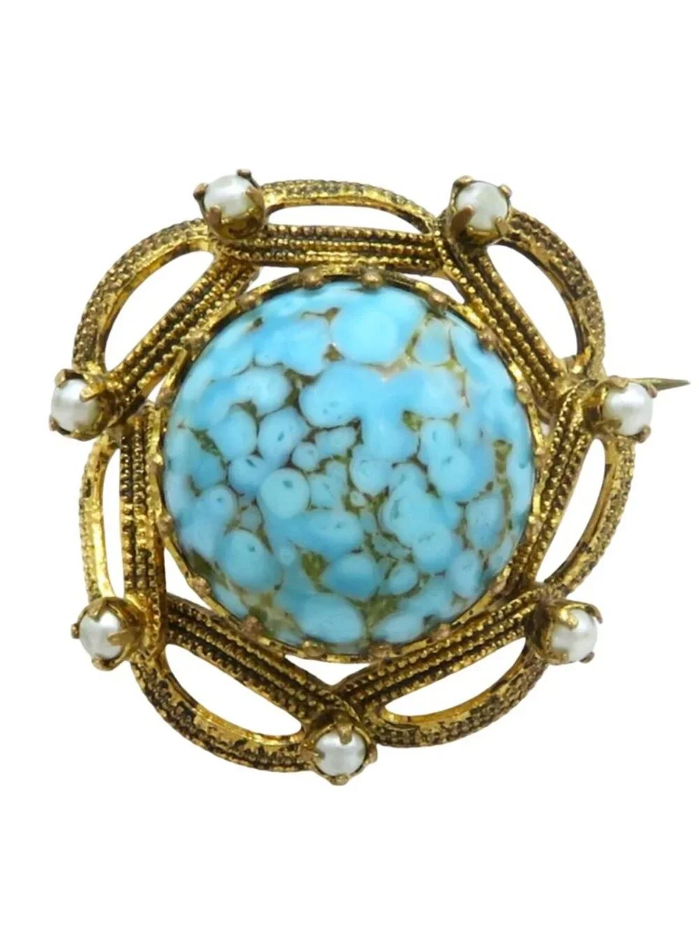 Vintage Austria Faux Pearl & Turquoise Cabochon Filigree Brooch Pin 1950s